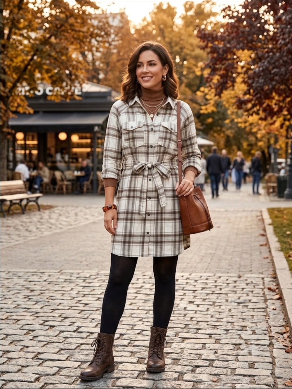 Versona Plaid Button-Front Shirt Dress in Cream & Brown size XL NWT